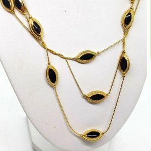 Long 3 Strand Black Onyx Goldtone Necklace